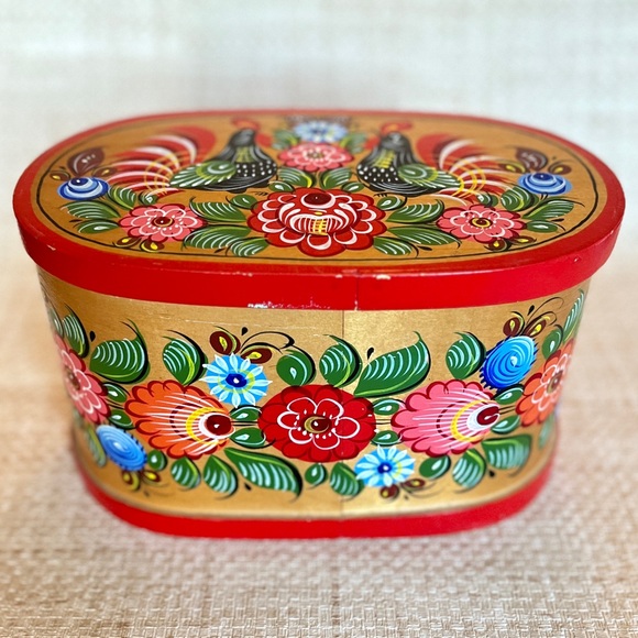Vintage Other - Hand Painted Bentwood Box Vintage Russian Folk Art Norway Rosemaling Floral Box